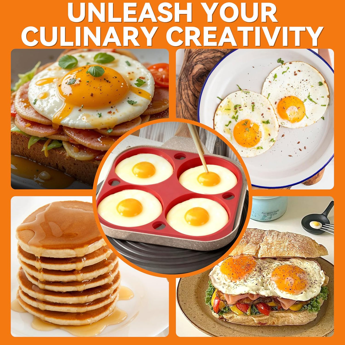 Baker's Friend 4-Round Silicone Egg Rings for Frying Eggs & Pancake, Pancake Shaper, Non-Stick & Heat-Resistant, Red