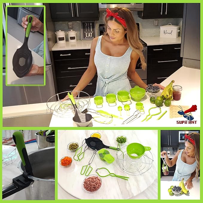 Supa Ant Canning Supplies - US Assembled Certified Food Grade Stainless Steel Canning Kit with XL Ladle, Wide Kitchen Funnel, Jar Lifter and Wrench, Bubble Popper/Measurer, Lid Lifter, Kitchen Tongs
