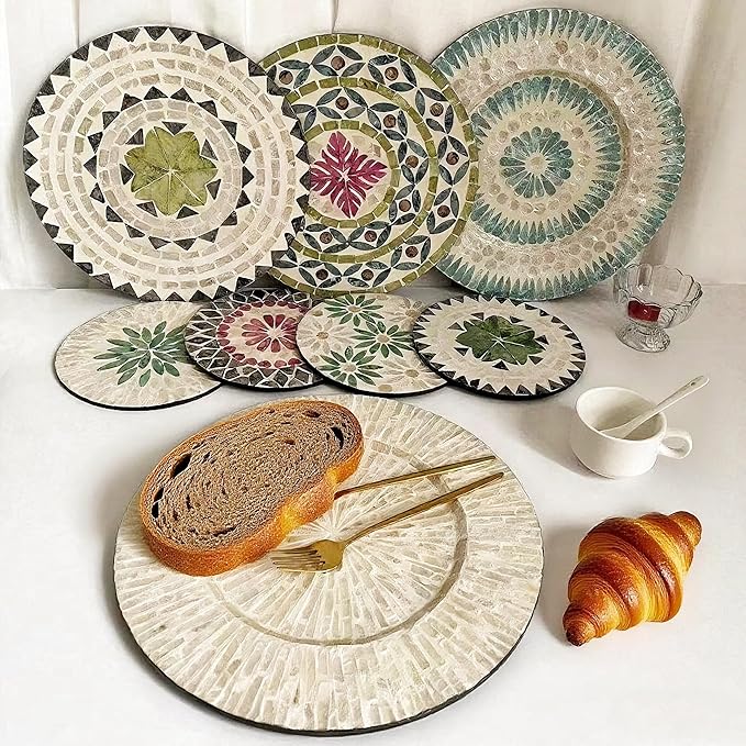 13 Inch Mother of Pearl Shell Placemat Plate – Large Round Decorative Heat for Table or Kitchen,Cabinet, Tabletop (Blue Colored Fish, 13 Inch)