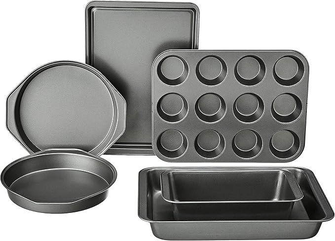 Amazon Basics 6 Piece Nonstick Carbon Steel Bakeware Set with Cake, Muffin, Cookie, and Loaf Pans, Easy Release, Oven Safe, 16.25 x 11.75 x 6.25 inches