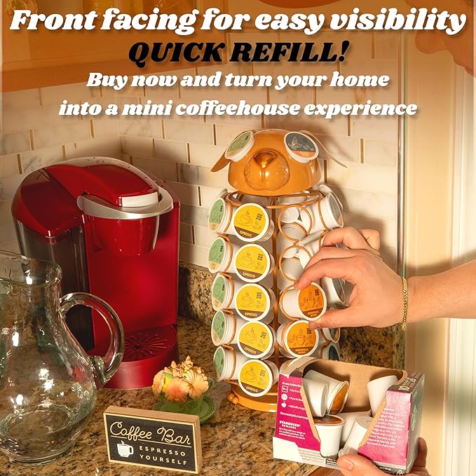 Made Easy Kit Carousel Coffee Pod Holder, Compatible with Keurig K-Pods K-Cups, Countertop Rack Storage Organizer, Metal Home and Kitchen Decor, Capsule Café Station Bar (Large, Brown Dog)