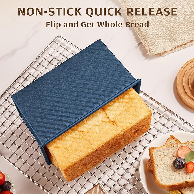KITESSENSU Pullman Loaf Pan with Lid, 1 lb Dough Capacity Non-Stick Bakeware for Baking Bread, Carbon Steel Corrugated Bread Toast Box Mold with Cover,Blue