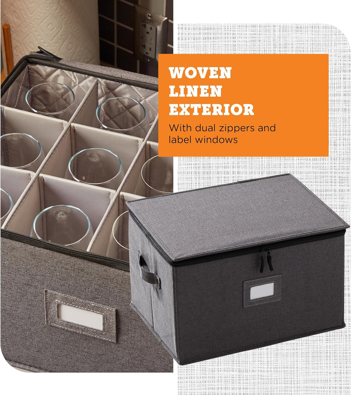 storageLAB Wine Glass Storage Containers, Hard Shell Organizer for Stemware and Glassware Sets, Stackable Wine Glass Storage Box with Dividers for Kitchen and Moving Supplies - 2 Pack Set, Gray