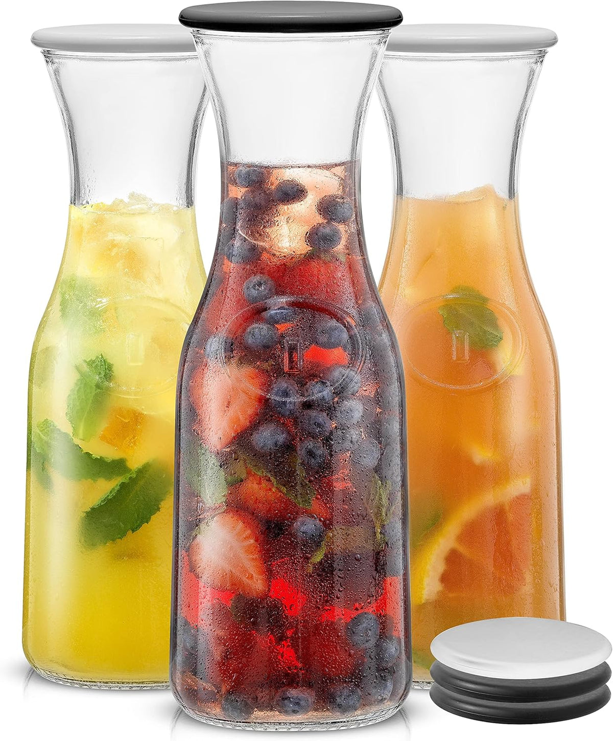 JoyJolt Glass Carafe with Lid, Set of 3 – 1 Liter Glass Pitcher for Mimosa Bar, Water, Iced Tea, Juice, Wine, Lemonade, Milk – Dishwasher Safe Beverage Drink Dispensers for Brunch, Parties
