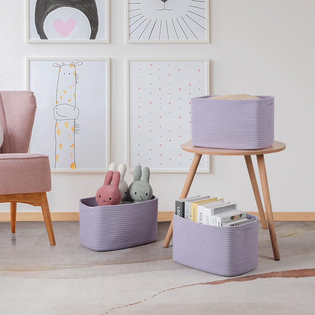 Cotton Rope storage Basket Bins Woven Basket for Organizing Shelves Rectangle Decorative Baskets For storage Clothes Toys Books Towels Square Wicker Nursery basket organizer 3 pack purple lavender