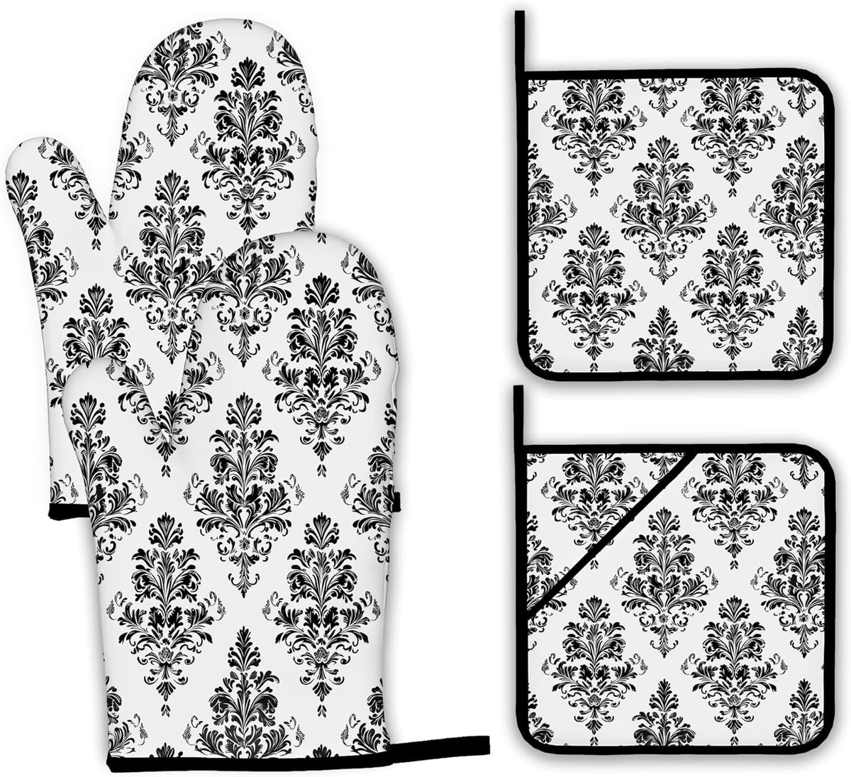 Vintage Damask Floral Oven Mitts and Pot Holders,Heat Resistant Oven Mitts Gloves and Pot Holder for Home Kitchen Decorations Cooking Baking BBQ Gifts,Set of 4