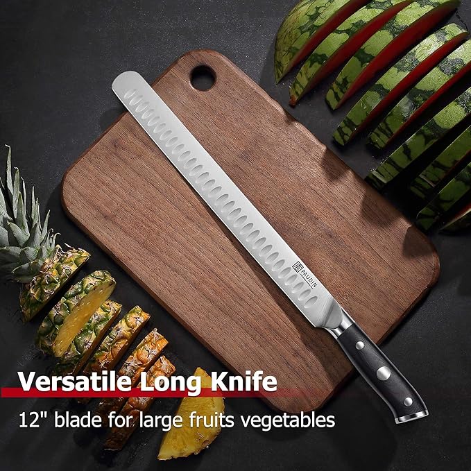 PAUDIN Carving Knife, 12 Inch Brisket Knife, Premium Slicing Knives with Granton Blade for Cutting Smoked Brisket, BBQ Meat, Turkey - Ergonomic G10 Handle