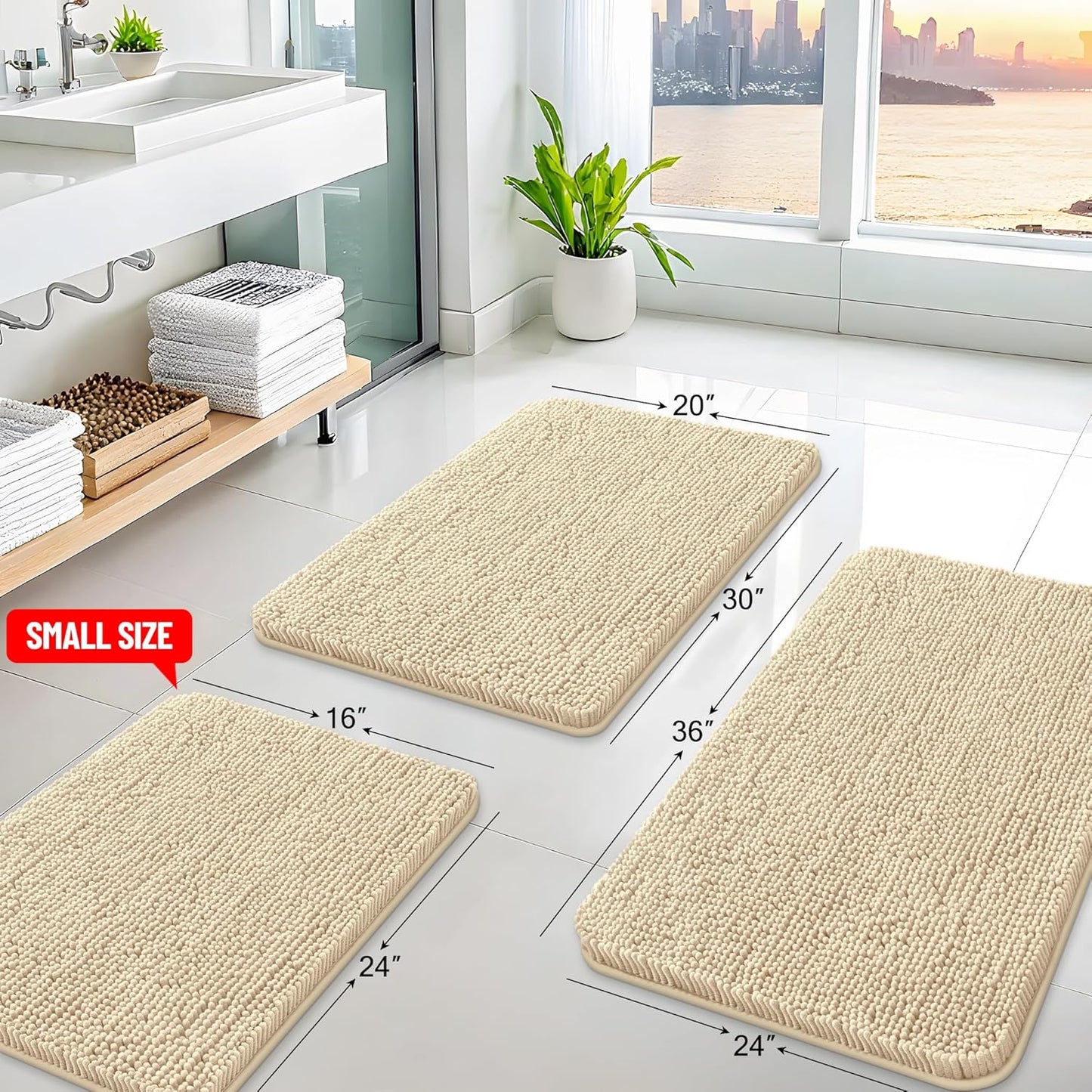 Arotive Bathroom Rugs 36x24, Extra Soft Absorbent Shaggy Chenille Bath Rugs, Machine Washable Rubber Backing Non-Slip Bath Mats for Bathroom Floor Tub and Shower, Home Decor Accessories, Beige