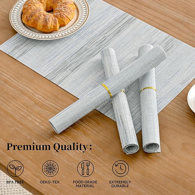 Leetaltree LightSteel Blue Placemats Set of 12 - Heat Resistant Non-Slip Place mats for Dining Table, Washable Durable PVC Vinyl Woven Table Mats（LightSteel Blue, 12）
