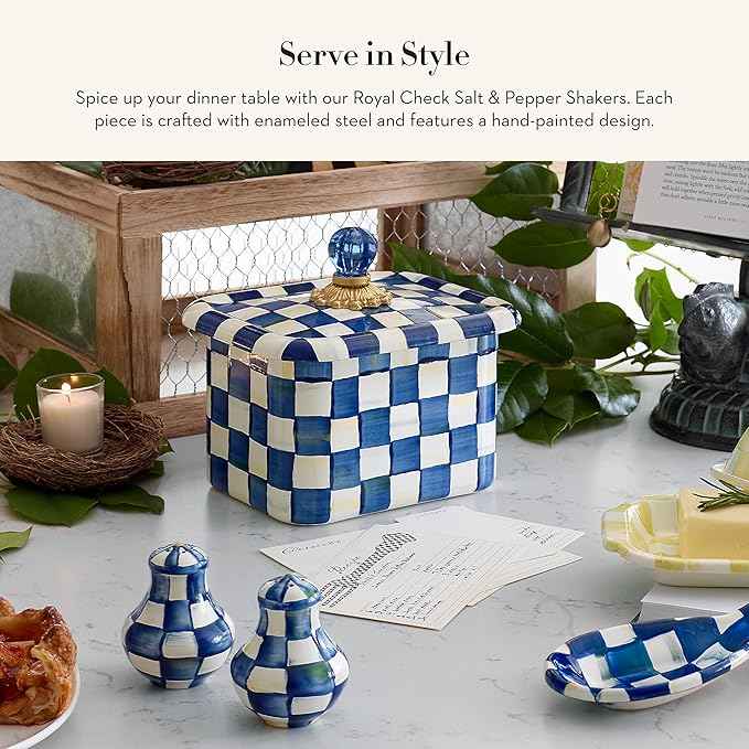 MACKENZIE-CHILDS Enamel Salt and Pepper Shakers, Kitchen Table Spice Shaker Set, Blue-and-White Royal Check, Small