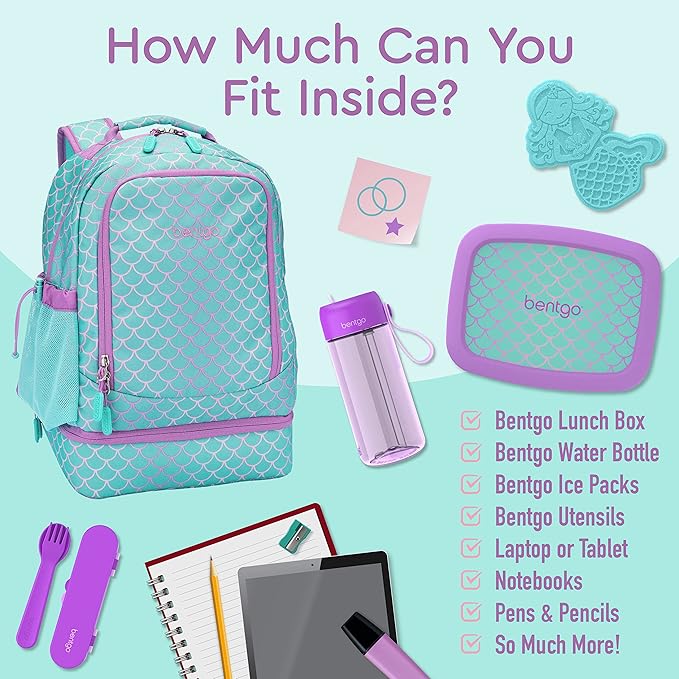 Bentgo Kids 2-in-1 Backpack & Insulated Lunch Bag - Durable 16” Backpack & Lunch Container in Unique Prints for School & Travel - Water Resistant, Padded & Large Compartments (Mermaid Scales)