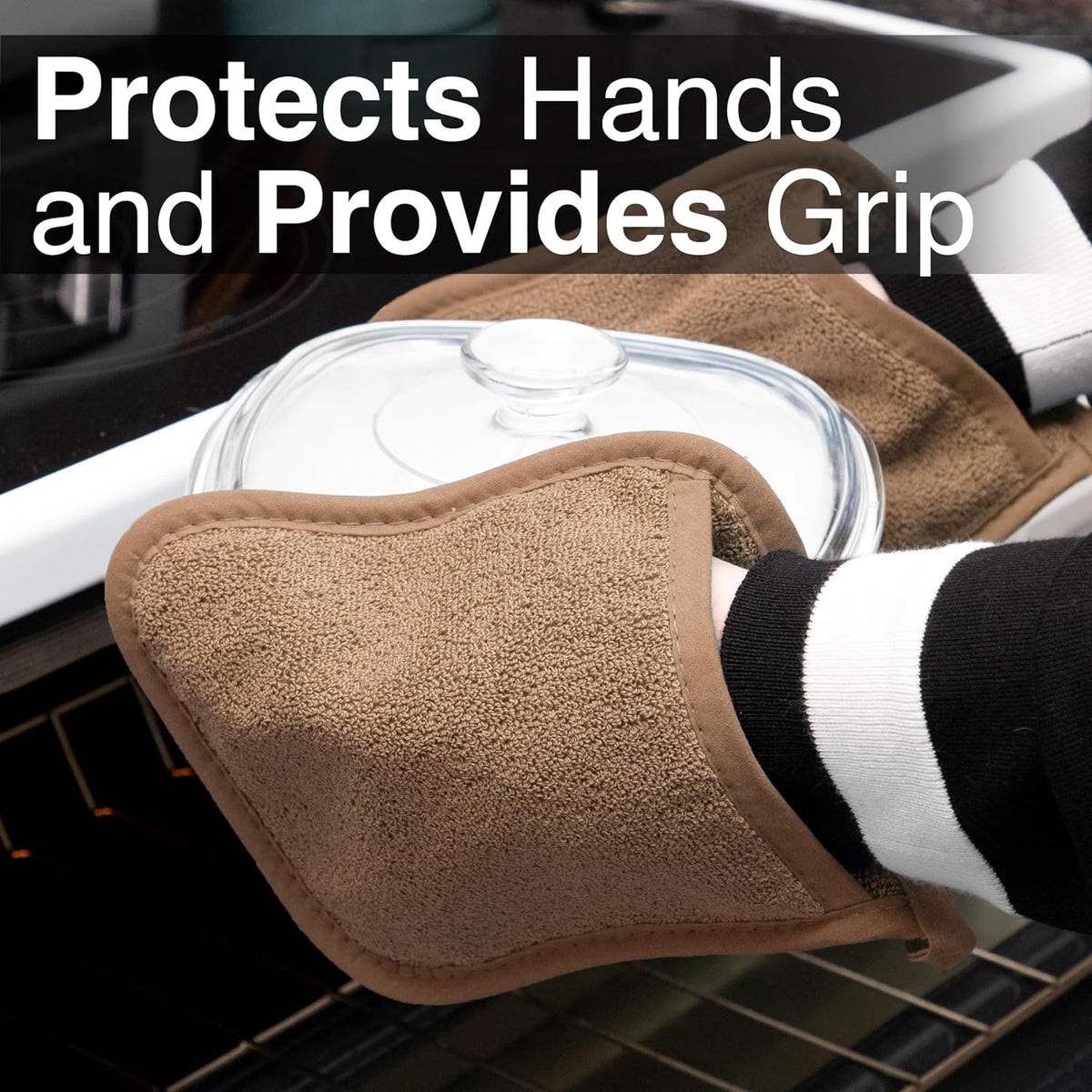 RITZ Terry Pocket Mitt & Hot Pad: Unparalleled Heat Resistant, Durable 100% Cotton,Ergonomically Designed for Optimal Grip, Easy-Care Machine Washable 2-Pack, Mocha