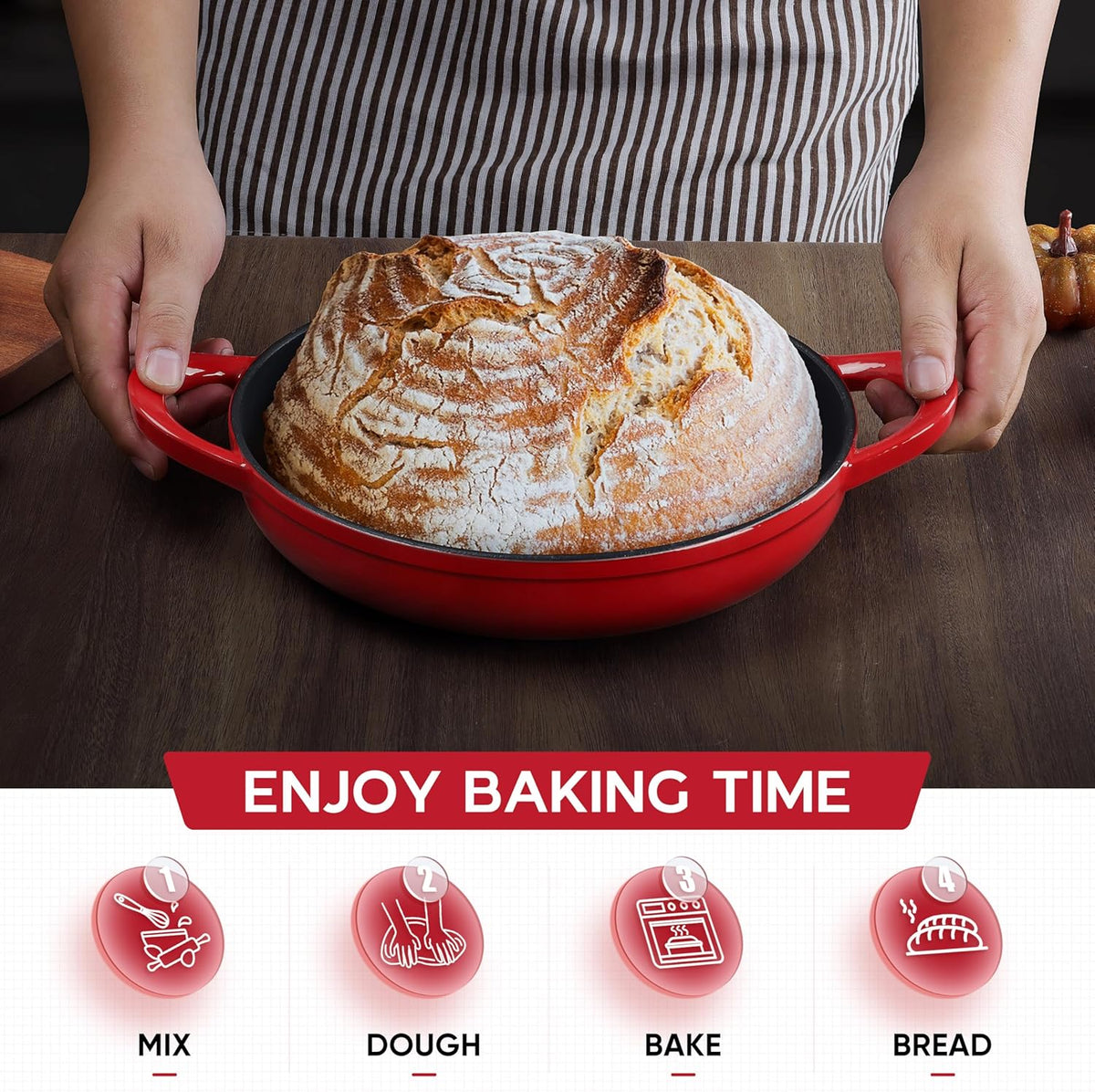 E-far Dutch Oven for Sourdough Bread Baking, 6 Qt Round Enameled Cast Iron Dutch Oven for Homemade Artisan Bread, Dome Lid & Shallow Base, Matte Black Interior & Durable, Oven-Safe to 500℉, Red