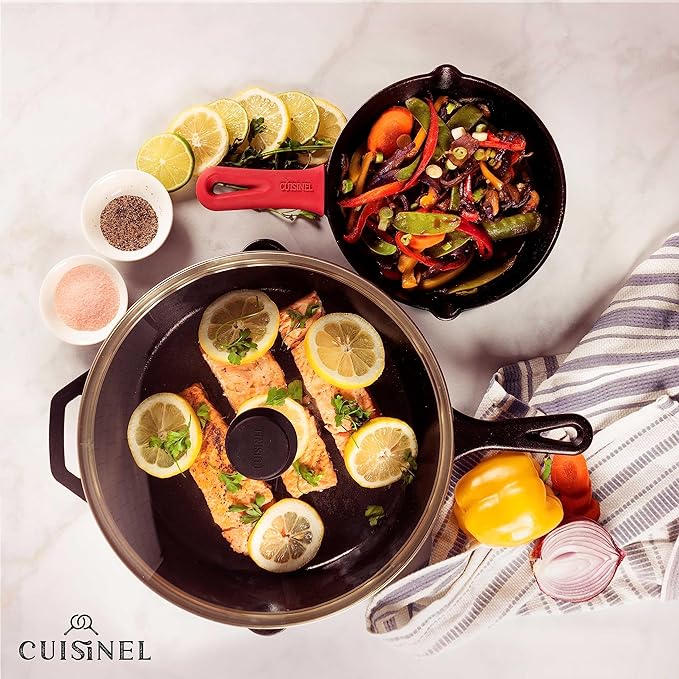 Cuisinel Cast Iron Skillet Set - 8" + 12"-Inch Frying Pan + Glass Lids - Pre-Seasoned Cookware - Heat-Resistant Holders - Indoor/Outdoor Use - Camping, Grill, Stove, BBQ, Firepit, Induction, Oven Safe