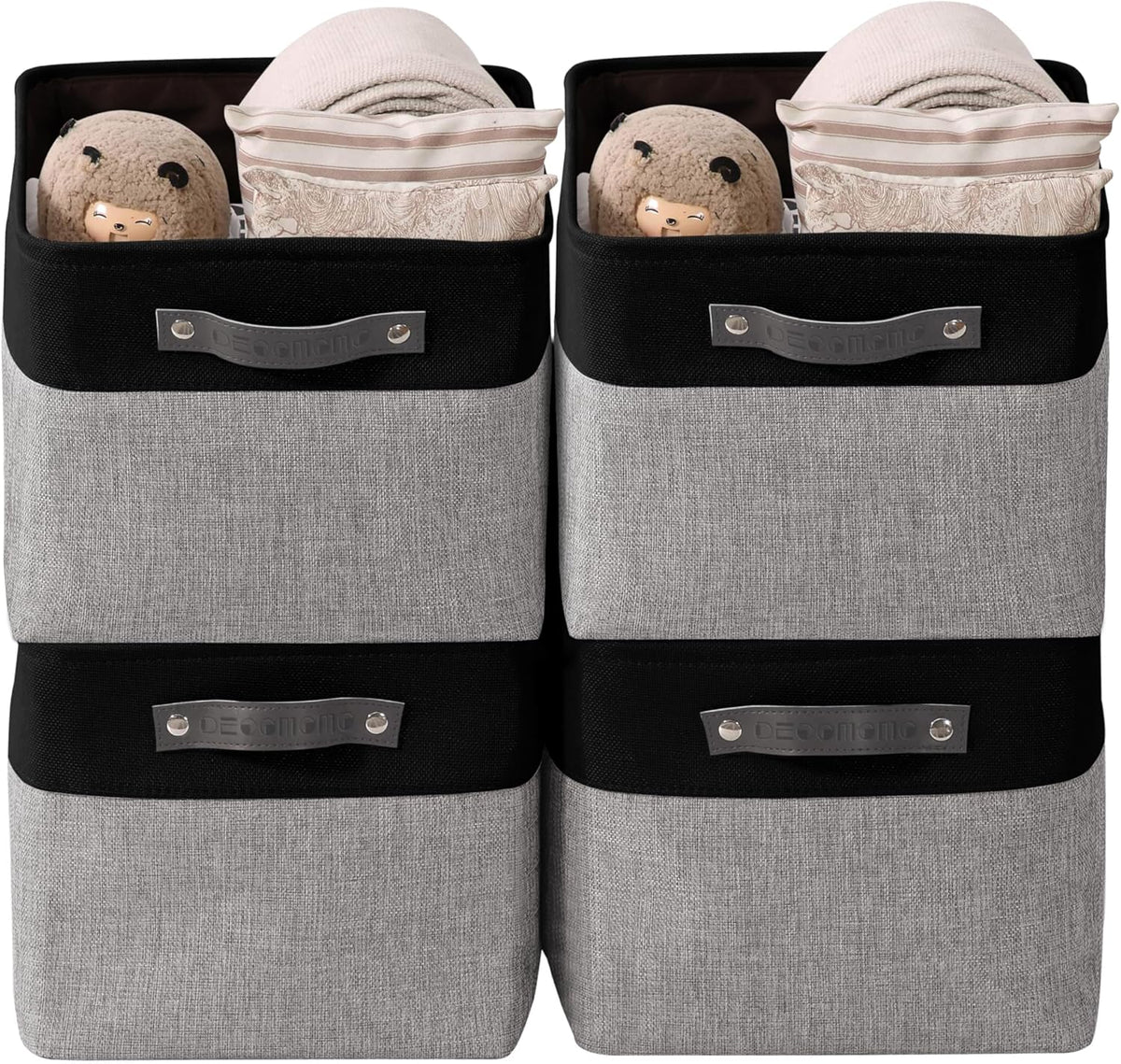 DECOMOMO Storage Baskets for Shelves - Fabric Storage Bins, Linen Closet Organizers and Storage (Grey & Black, Large - 4 Pack)