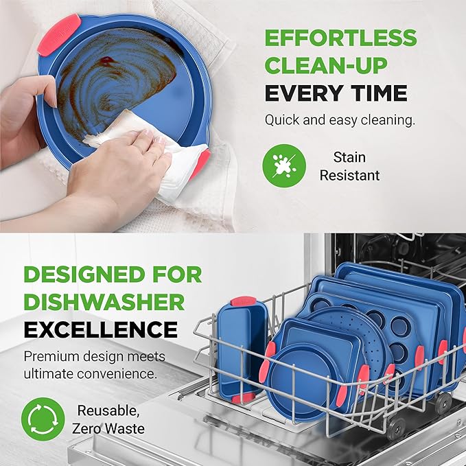 NutriChef 8-Piece Bakeware Set - Nonstick Carbon Steel Baking Pans with Red Silicone Handles, Blue Coating, Durable & Stain-Resistant, Perfect for Baking Cakes, Muffins, Cookies (Blue)