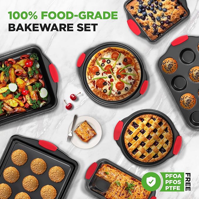 NutriChef 10-Piece Nonstick Kitchen Oven Baking Pans - Premium & Stylish Non-Stick Carbon Steel - Commercial Grade Restaurant Quality Metal Bakeware with Silicone Handles - Easy to Clean, NCSBS10S