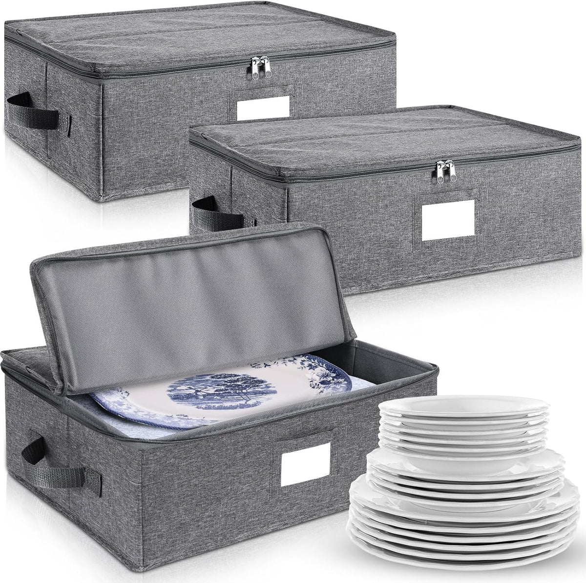 Norme 3 Pcs Platter Storage Case China Storage Container Stackable China Boxes Hard Shell Case Moving Supplies, 17x13x 6 In, 15 Felt Dividers Included, Structured Top, Gray