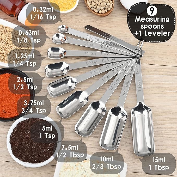 Measuring Cups and Spoons Set of 19, 7 Stainless Steel Stackable Measuring Cups, 9 Measuring Spoons, Metal Measuring Spoons and Cups for Dry or Wet Ingredients During Kitchen & Baking