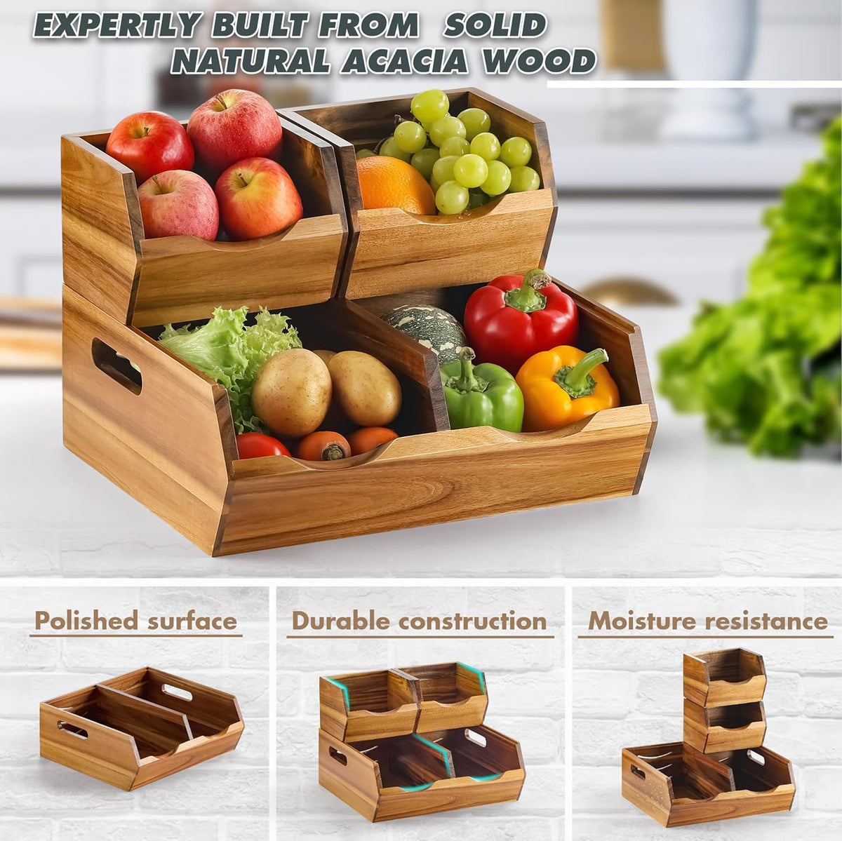 Acacia Wood Pantry Storage Bins - Stackable Open Front Kitchen Baskets with Airflow Vent for Potato, Onion, Fruit, Vegetable, and Bread Storage, Wood Organizer for Pantry and Countertop