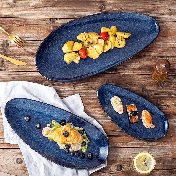 vicrays Large Oval Serving Platters, 16"/14"/10" Porcelain Serving Platters for Party, BBQ,Stackable Serving Trays Serving Plates for Appetizers, Sushi, Restaurant, Dessert, Set of 3 (Blue)