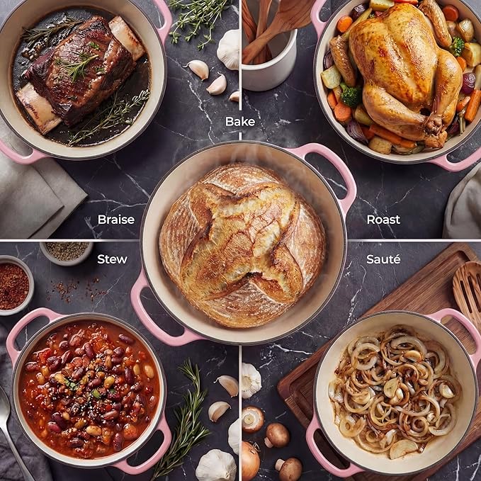 Zulay Kitchen 5 Quart Enameled Cast Iron Dutch Oven Pot with Lid – Premium Durability & Oven Safe up to 500°F – Heavy Duty Cookware Perfect for Bread Baking, Stews, Braising & Roasting – Pink