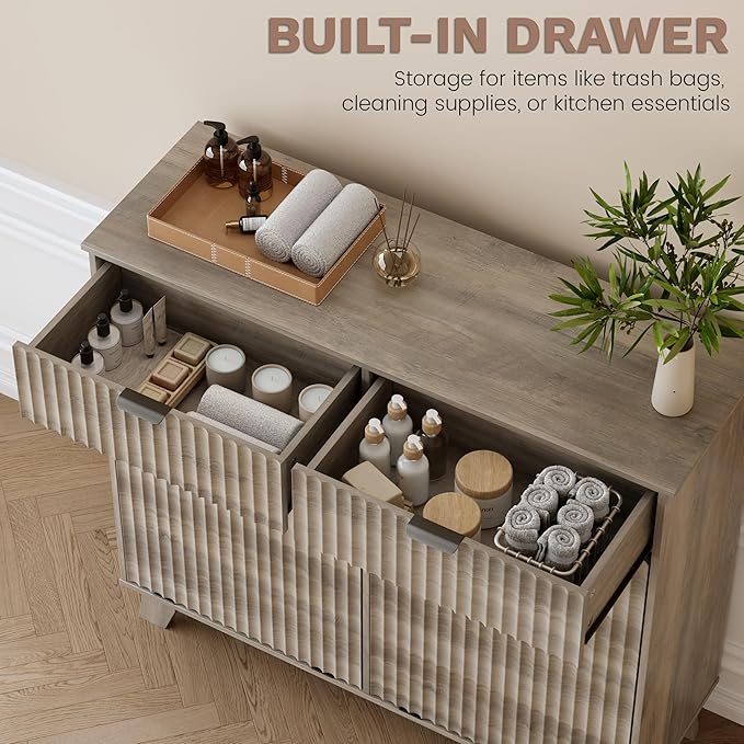 Double Tilt Out Laundry Hamper Cabinet, 20 Gallon Wooden Trash Can Cabinet with Drawers, Hidden Fluted Bathroom Storage Cabinet for Kitchen, Living Room (Wood Grey, 39.34"W x 35.83"H x 13"D)