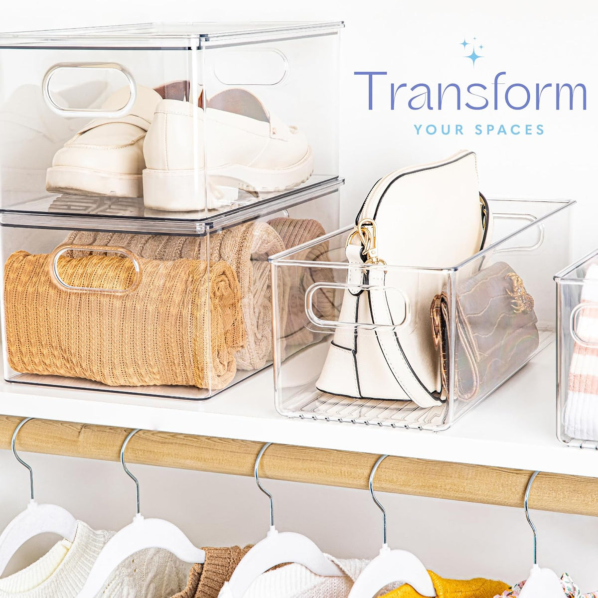 Plastic Food Storage 6 Pack Clear Container Bin with Handles for Organizing Kitchen, Pantry, Refrigerator, Freezer, Pantry, Cabinet, Closet, Bathroom. 16”x6”x5”