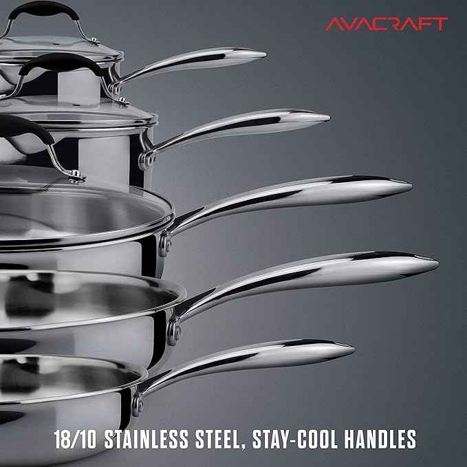 AVACRAFT 18/10 Stainless Steel Cookware Set, Premium Pots and Pans, Kitchen Essentials For Cooking, Multi-Ply Body Stainless Steel, 10-Pieces
