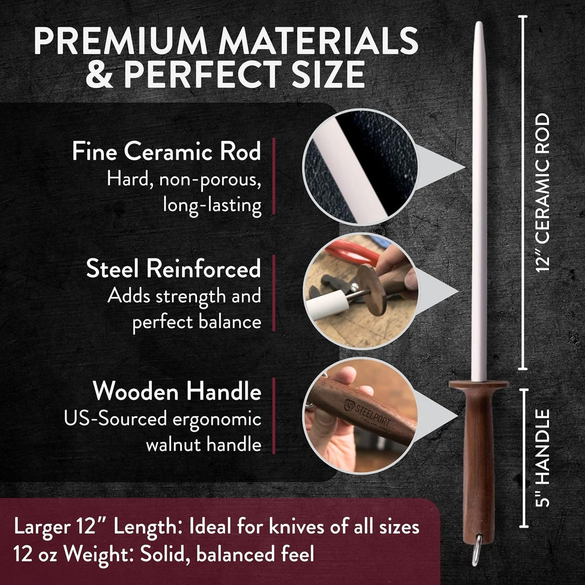 STEELPORT 12 inch Oval Ceramic Honing Rod | Professional Knife Sharpener Rod with Oregon Black Walnut Handle, Safety Guard | Premium Serrated Blade Sharpener For All Knife Types