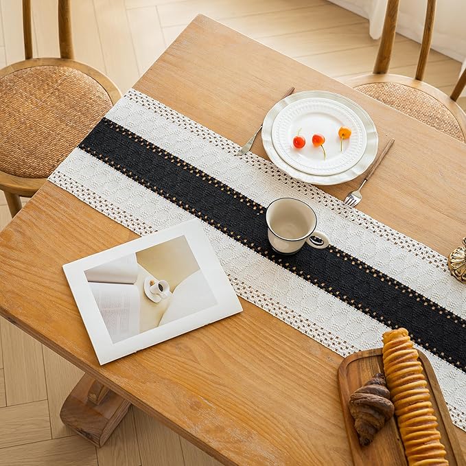 FEXIA Boho Table Runner for Home Decor with Tassels 48 Inches Long,Black Farmhouse Rustic Table Runner Macrame Burlap Table Decoration for Living Room Bridal Shower(12x48 Inches)