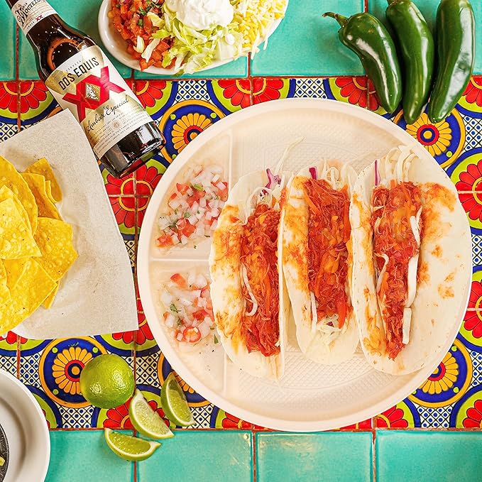 LUVCOSY 10'' Large Disposable Taco Plates, 3-Taco & 4-Sides, Biodegradable Cornstarch Taco Holder, Big Size Fit Soft & Hard Tortilla, Sturdy & Microwave Safe, Bar Serving Set For A Party- 40 Pack