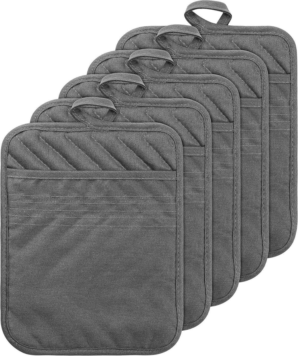 GROBRO7 5Pack Pocket Pot Holders Cotton Heat Resistant Potholder Multipurpose Hot Pads Machine Washable Oven Mitts Cooking Pads Bulk for Daily Kitchen Baking and Cooking 8.9 x 6.9 Inch Grey
