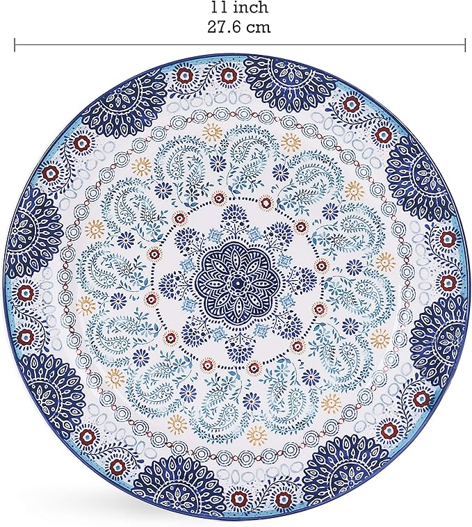 Bico Blue Talavera Dinner Plates Set of 4, 11 Inch Large Ceramic Plates for Pasta, Steak, Stylish Serving Dishes, Microwave and Dishwasher Safe, Gift for Housewarming and Thanksgiving